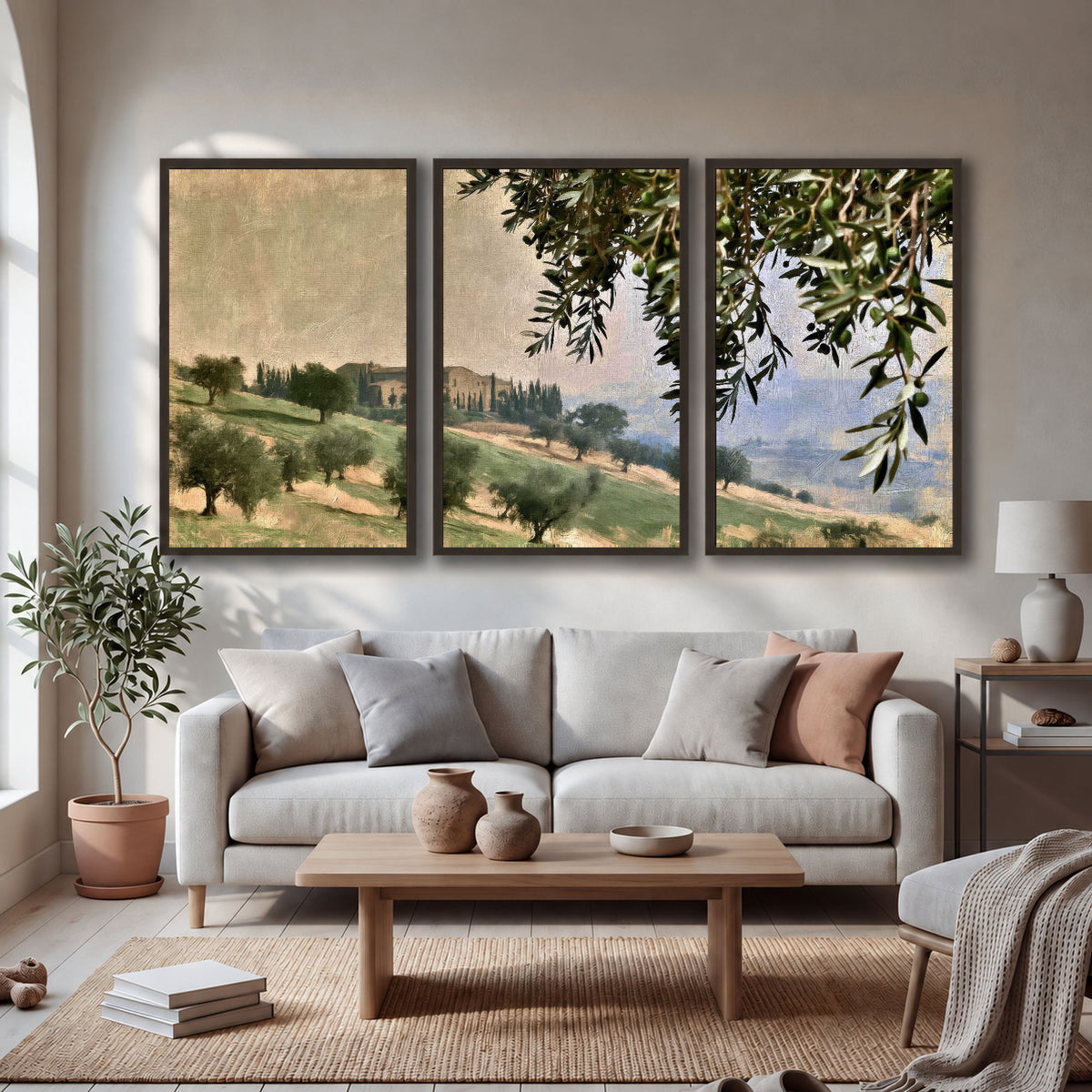 Tuscan olive grove painting 3 piece framed canvas in a bright living room