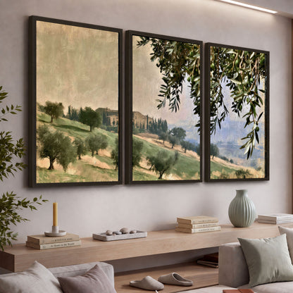 Tuscan olive grove painting 3 piece framed canvas in a living room above a console