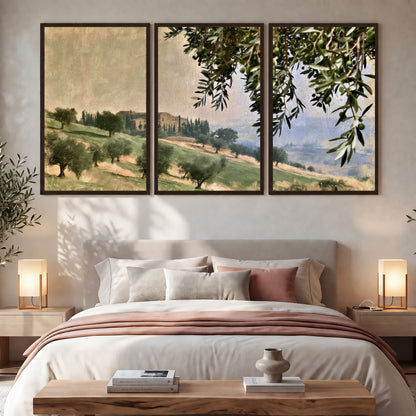 Tuscan olive grove painting 3 piece framed canvas in a bedroom above the bed