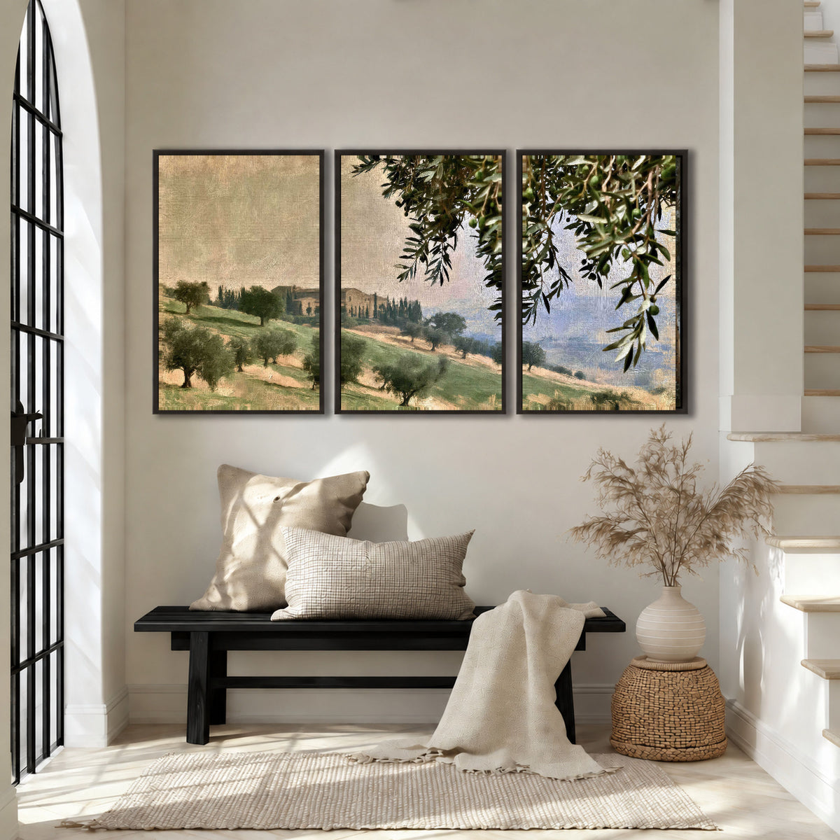 Tuscan olive grove painting 3 piece framed canvas in an entryway above a bench