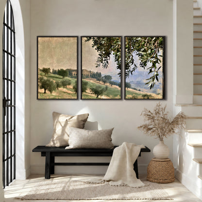Tuscan olive grove painting 3 piece framed canvas in an entryway above a bench