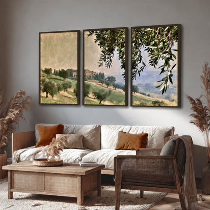 Tuscan olive grove painting 3 piece framed canvas in a rustic living room