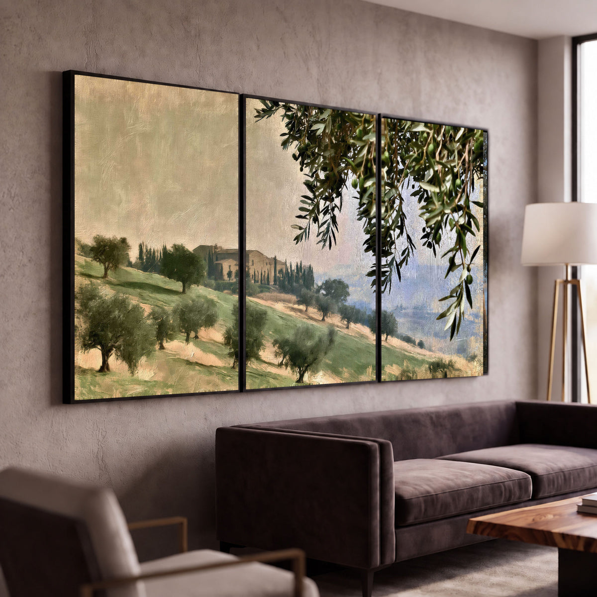 Tuscan olive grove painting 3 piece framed canvas in a modern living room