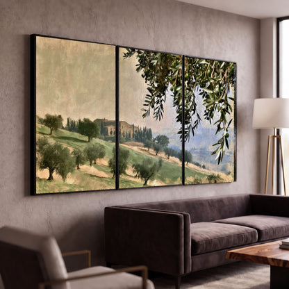Tuscan olive grove painting 3 piece framed canvas in a modern living room