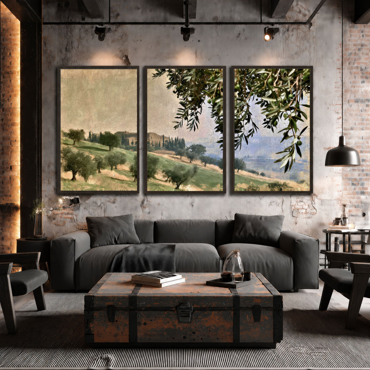 Tuscan olive grove painting 3 piece framed canvas in an industrial loft