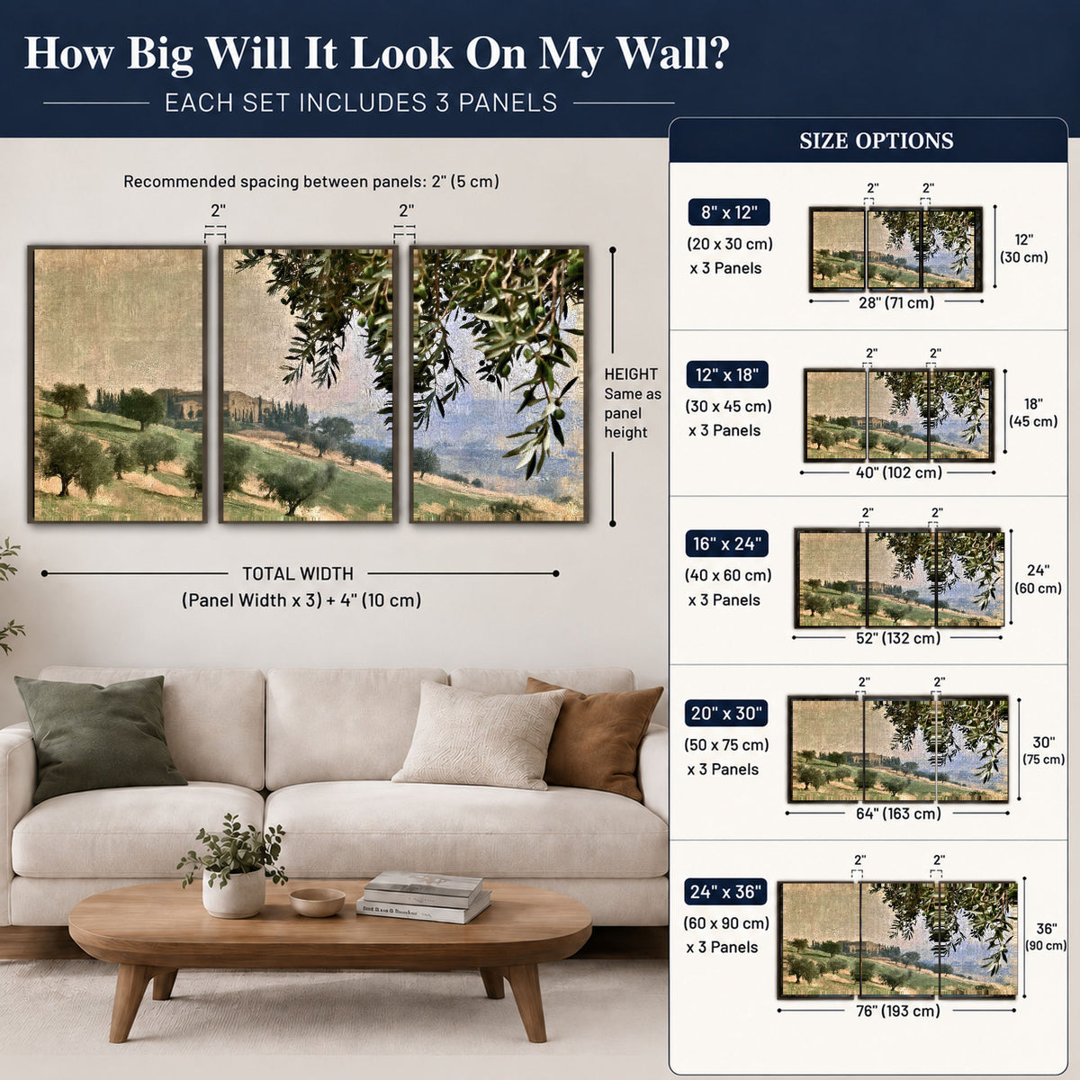 Tuscan olive grove painting 3 piece framed canvas size guide above a sofa