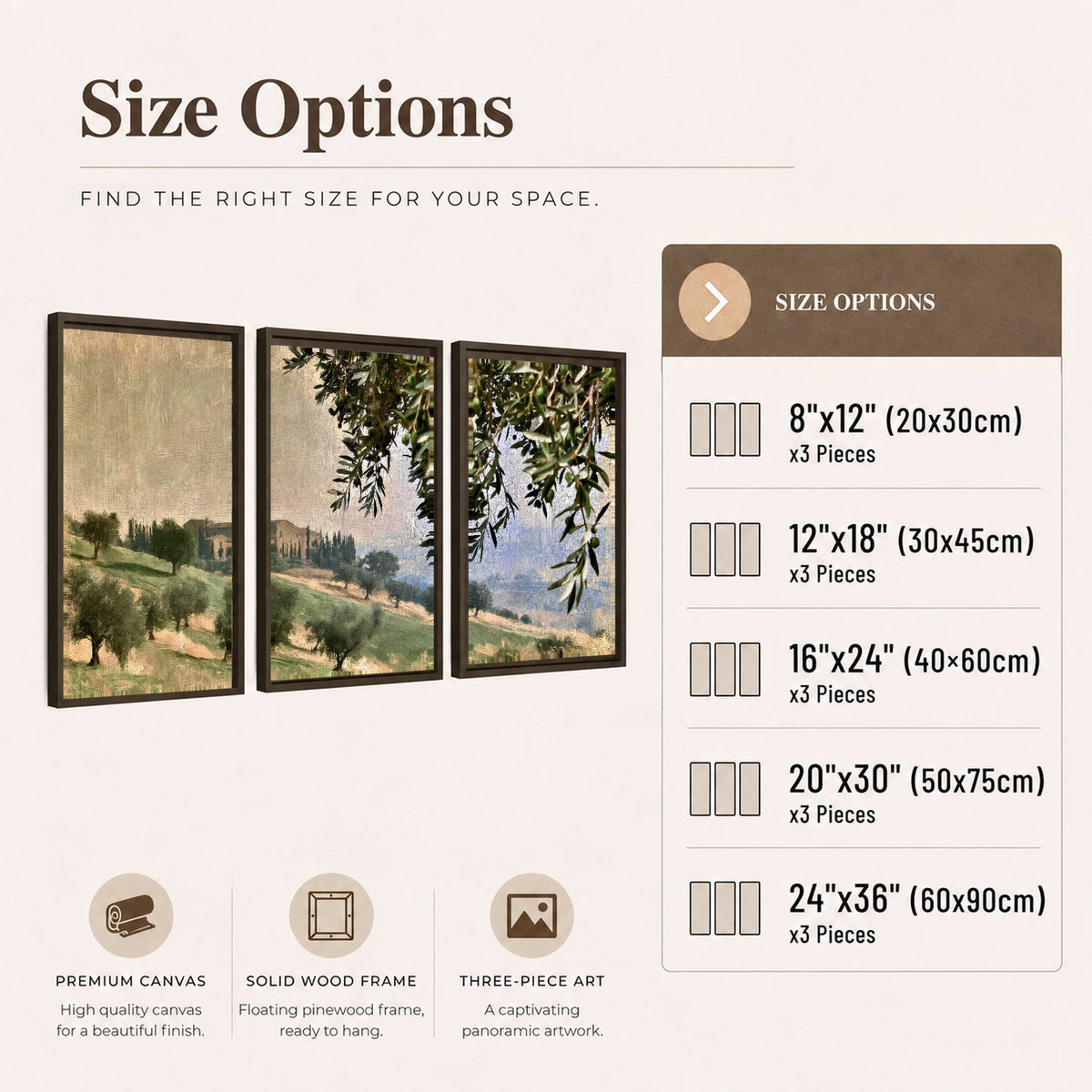 Tuscan olive grove painting 3 piece framed canvas size options