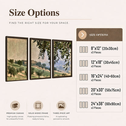 Tuscan olive grove painting 3 piece framed canvas size options