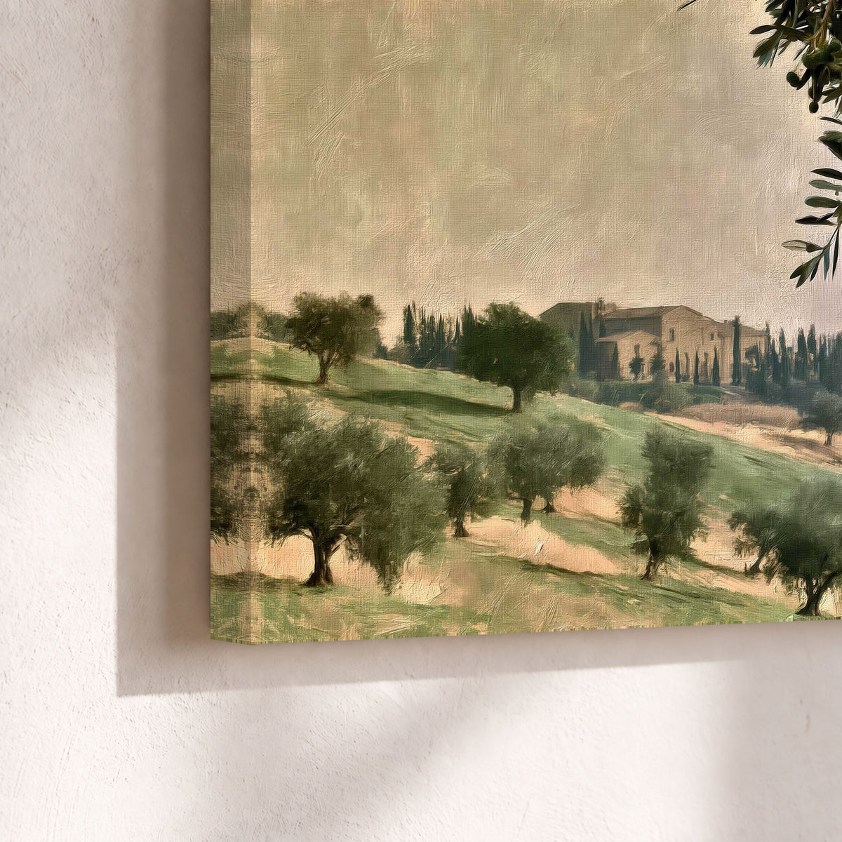 Tuscan olive grove painting canvas print close-up showing the gallery-wrapped edge
