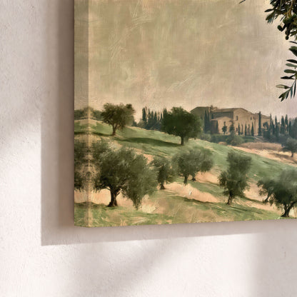 Tuscan olive grove painting canvas print close-up showing the gallery-wrapped edge