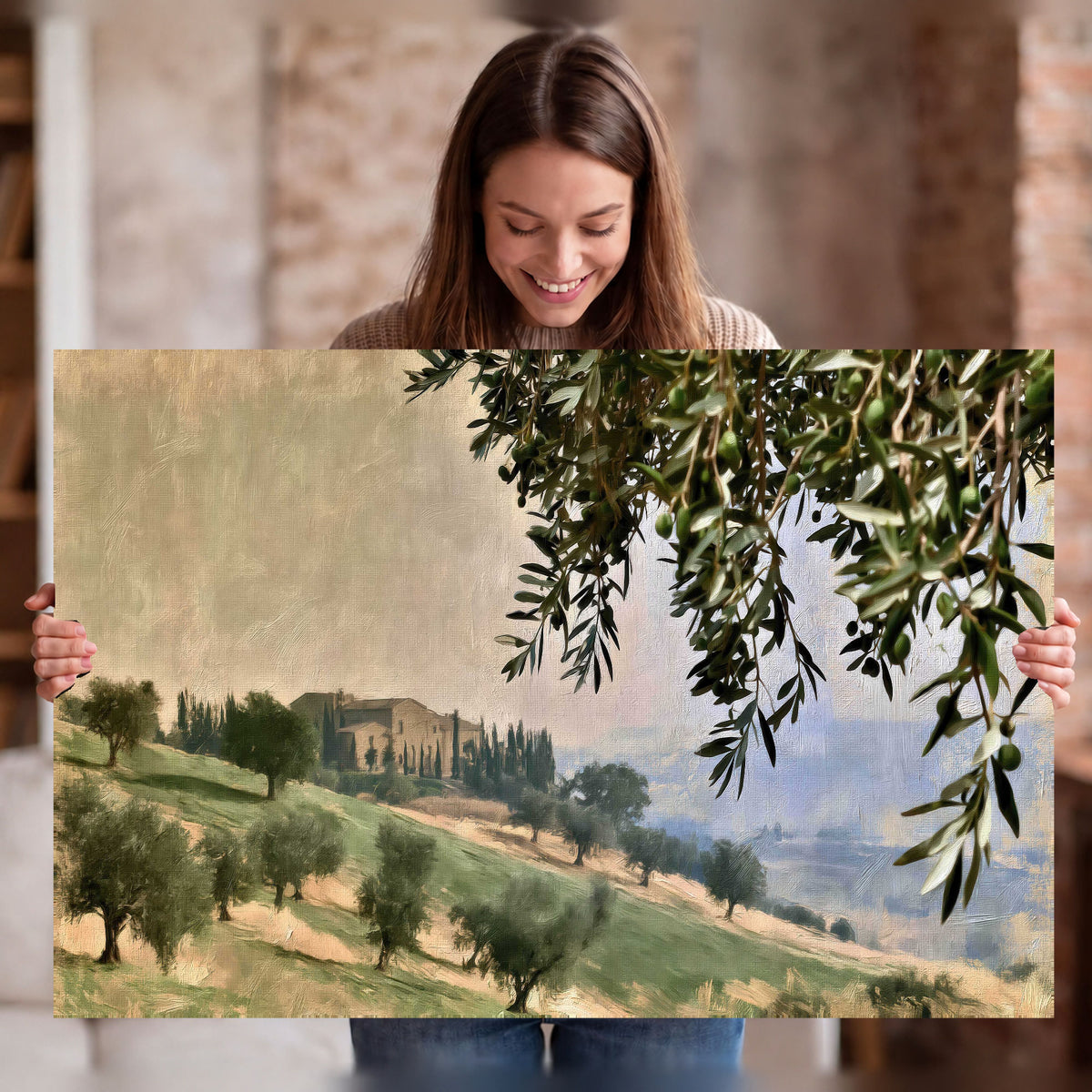 Tuscan olive grove painting stretched canvas wall art held in hands
