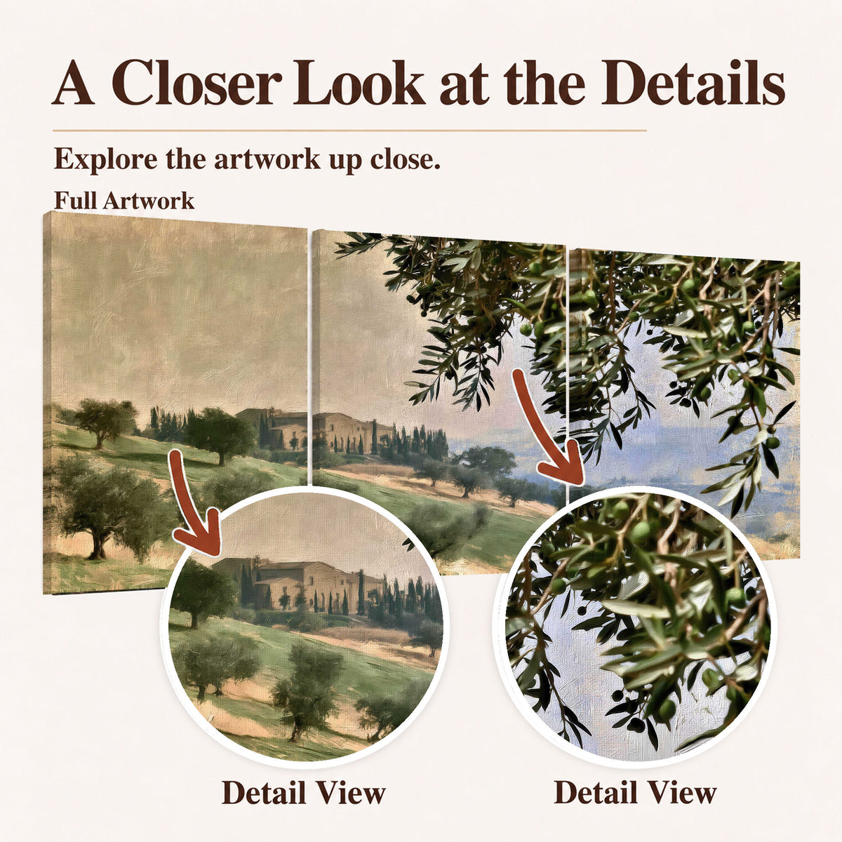 Tuscan olive grove painting closer look at the details