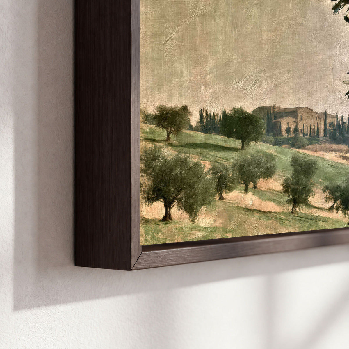 Tuscan olive grove painting framed canvas close-up showing the floating frame