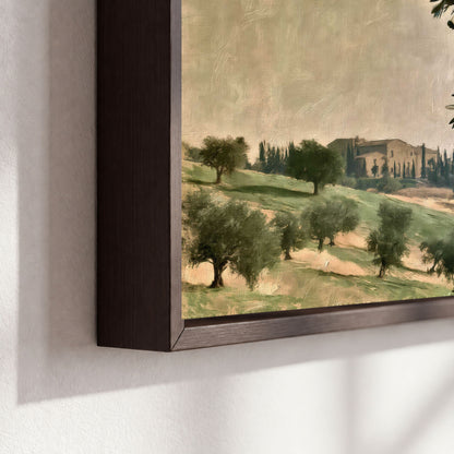 Tuscan olive grove painting framed canvas close-up showing the floating frame