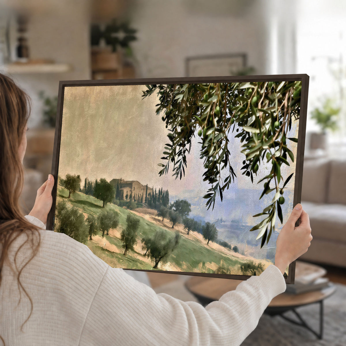 Tuscan olive grove painting framed canvas wall art held in hands