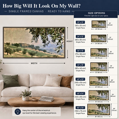 Tuscan olive grove painting framed canvas wall art size guide above a sofa