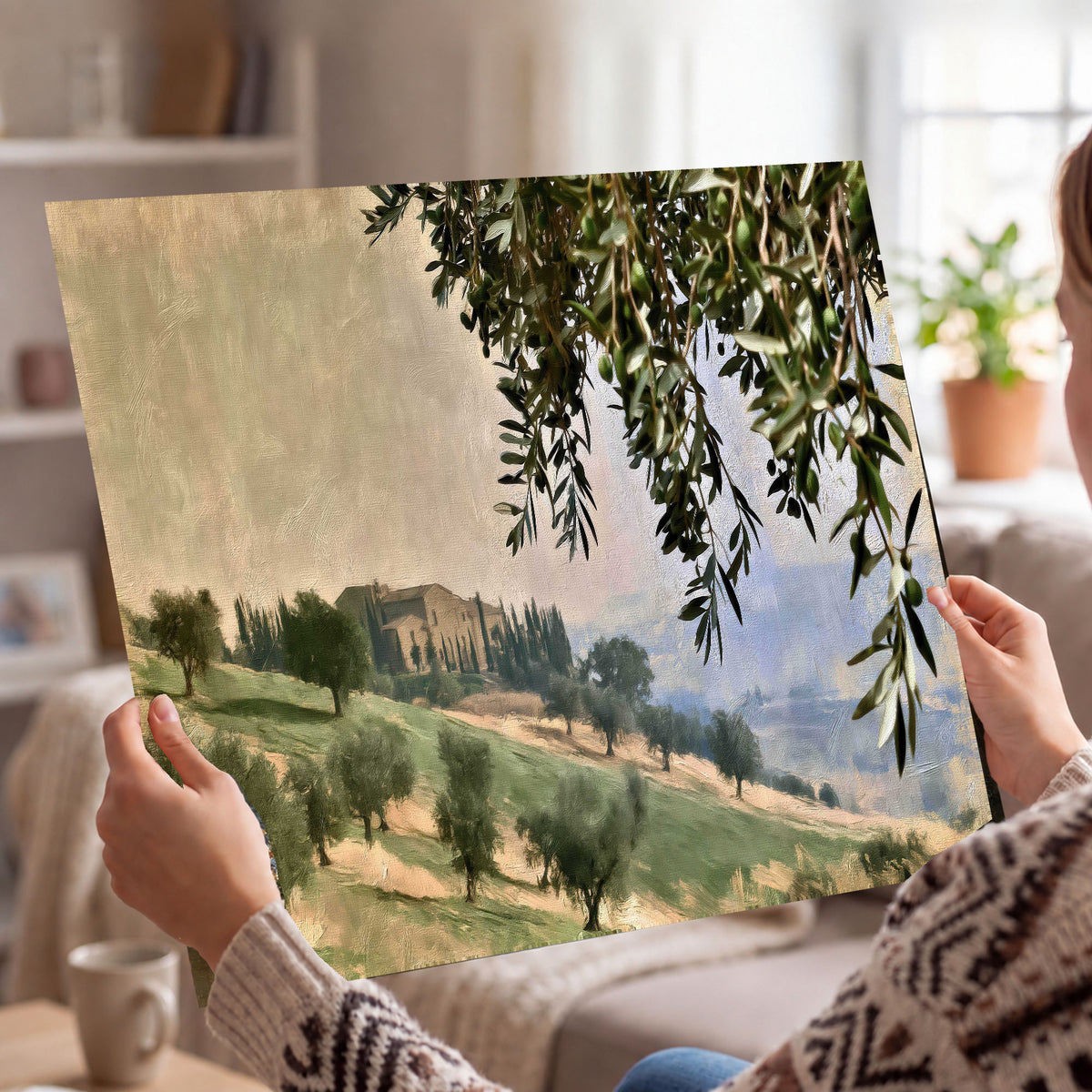 Tuscan olive grove painting poster print held in hands