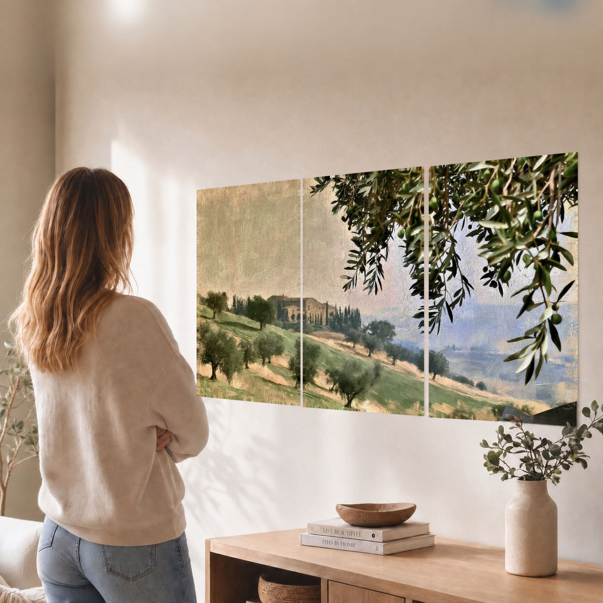 Tuscan olive grove painting set of 3 poster prints in a living room