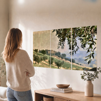 Tuscan olive grove painting set of 3 poster prints in a living room