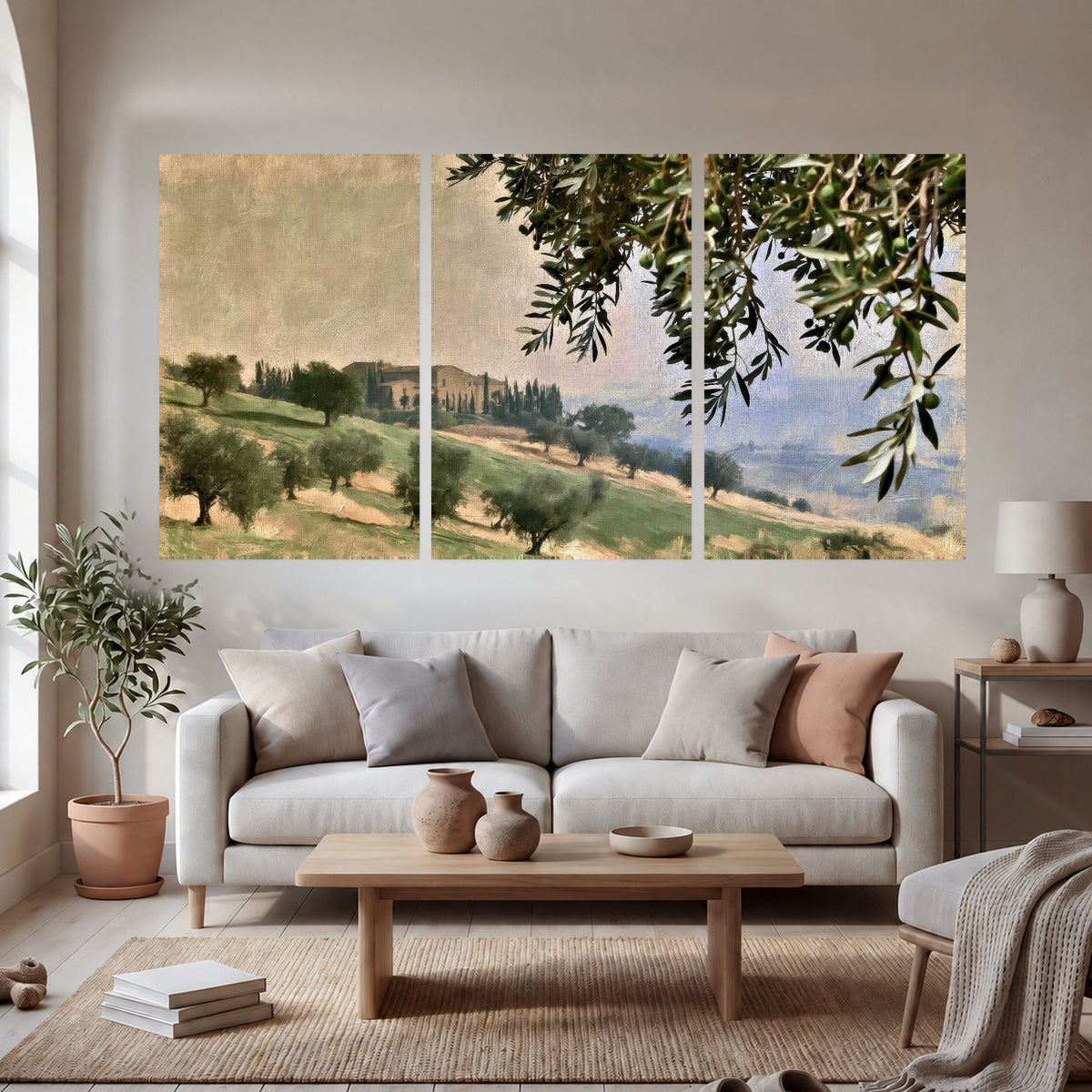 Tuscan olive grove painting set of 3 poster prints in a bright living room