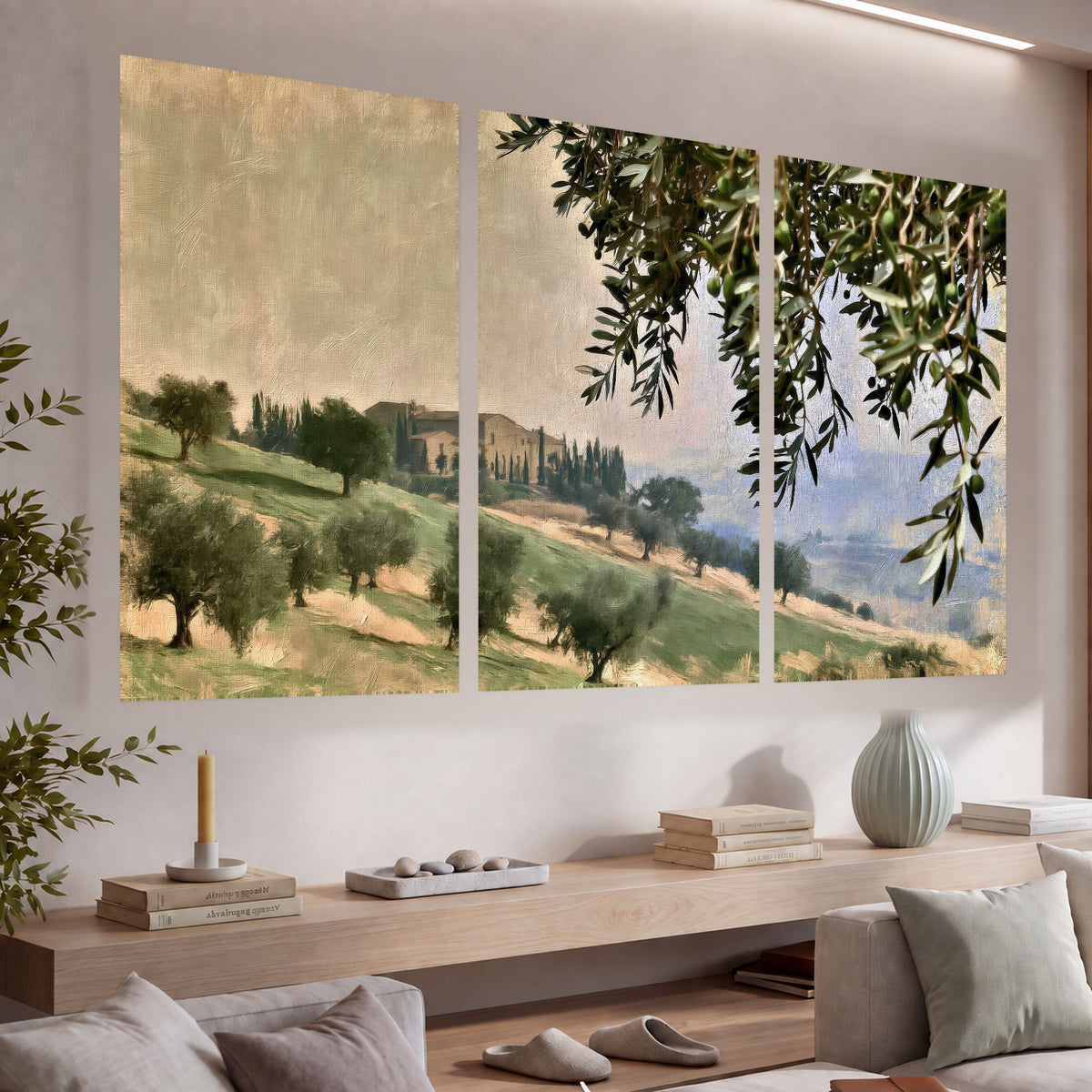 Tuscan olive grove painting set of 3 poster prints in a living room above a console
