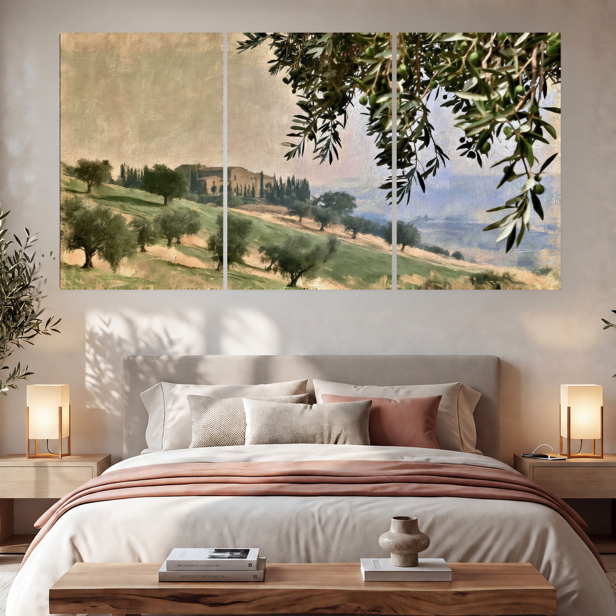 Tuscan olive grove painting set of 3 poster prints in a bedroom above the bed