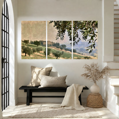 Tuscan olive grove painting set of 3 poster prints in an entryway above a bench