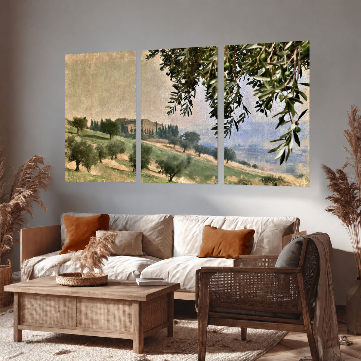 Tuscan olive grove painting set of 3 poster prints in a rustic living room