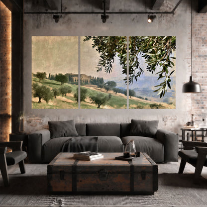 Tuscan olive grove painting set of 3 poster prints in an industrial loft