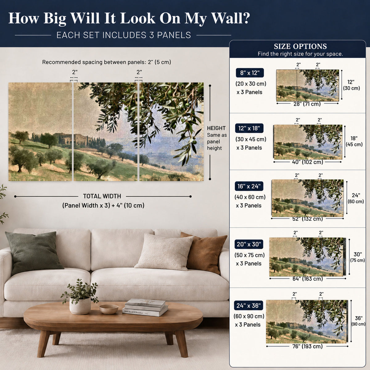 Tuscan olive grove painting set of 3 poster prints size guide above a sofa