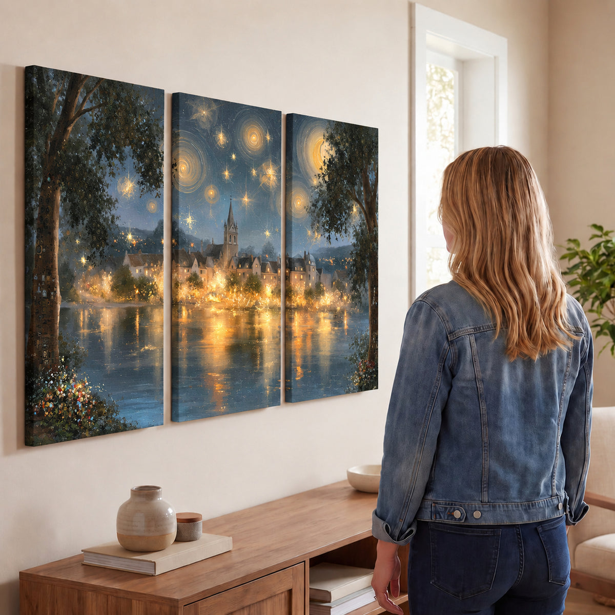 Starry night lake village painting 3 piece canvas wall art in a living room