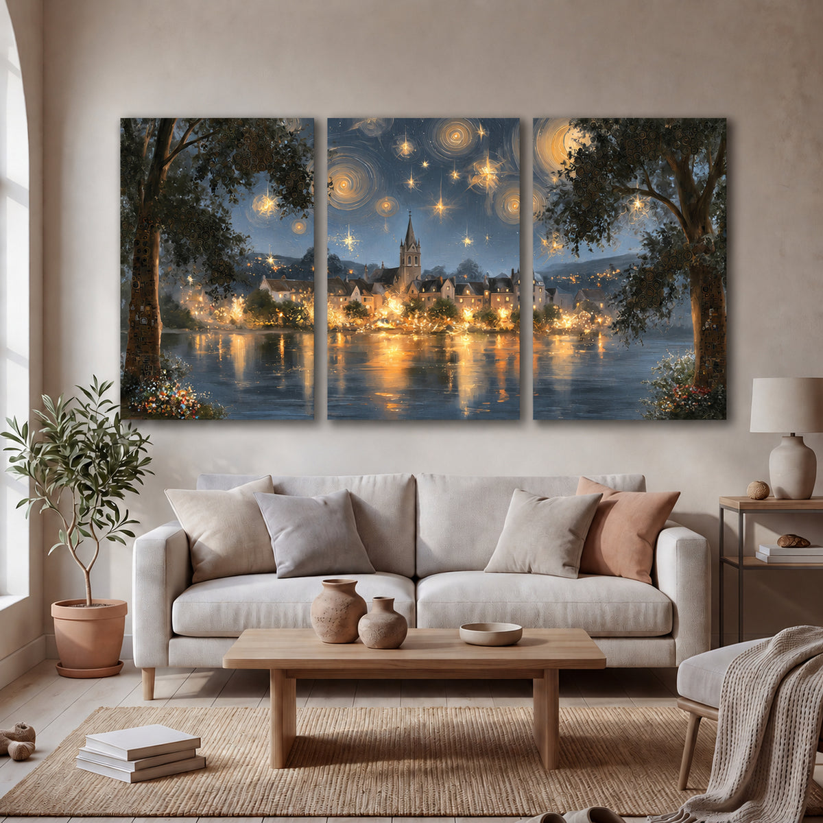 Starry night lake village painting 3 piece canvas wall art in a bright living room
