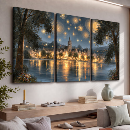 Starry night lake village painting 3 piece canvas wall art in a living room above a console