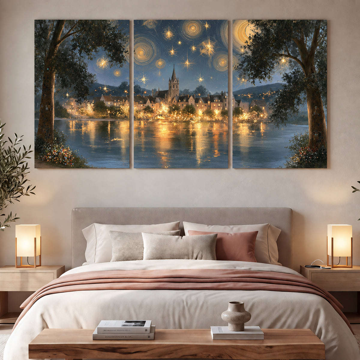 Starry night lake village painting 3 piece canvas wall art in a bedroom above the bed