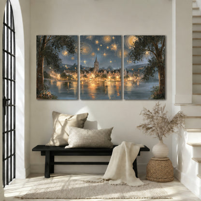 Starry night lake village painting 3 piece canvas wall art in an entryway above a bench