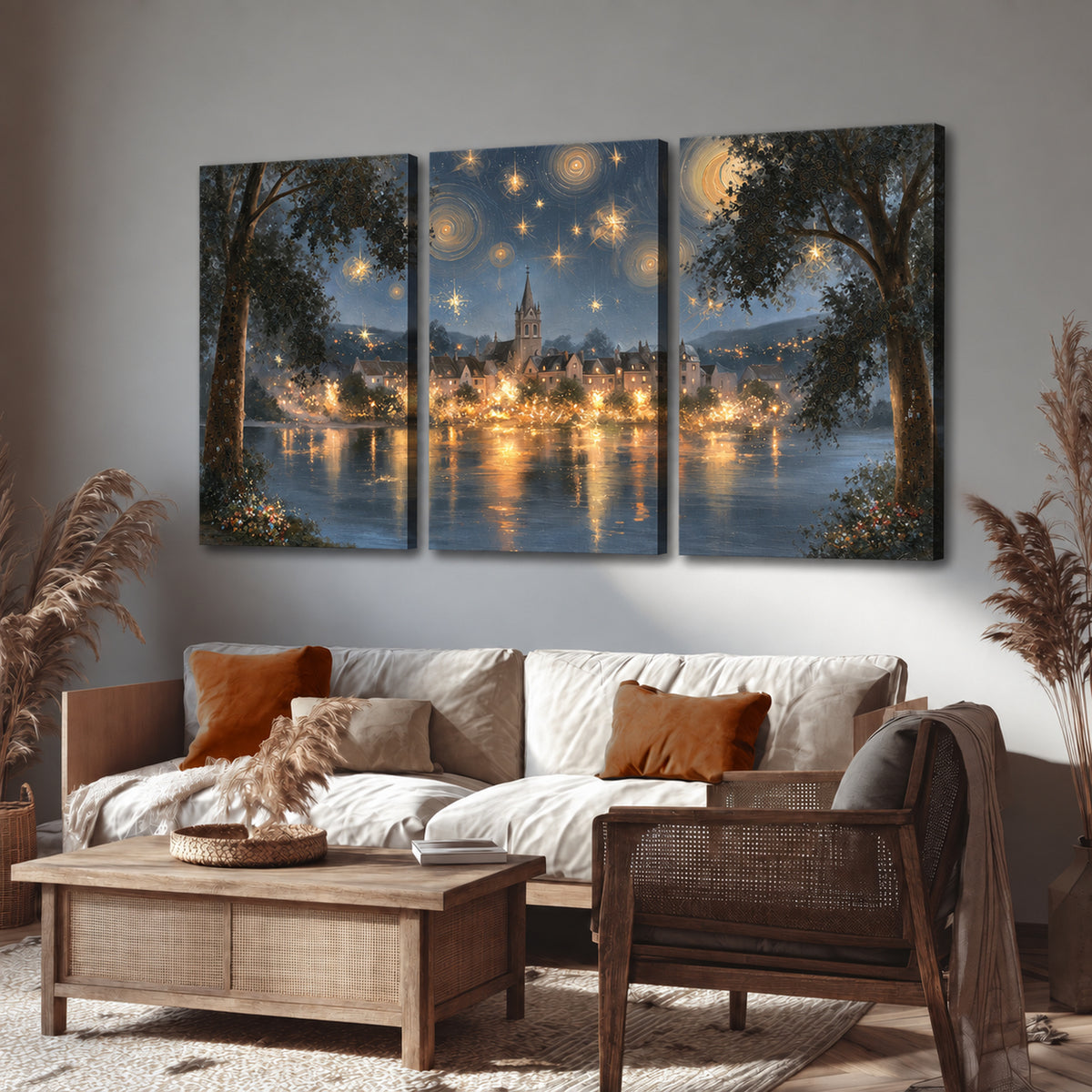 Starry night lake village painting 3 piece canvas wall art in a rustic living room