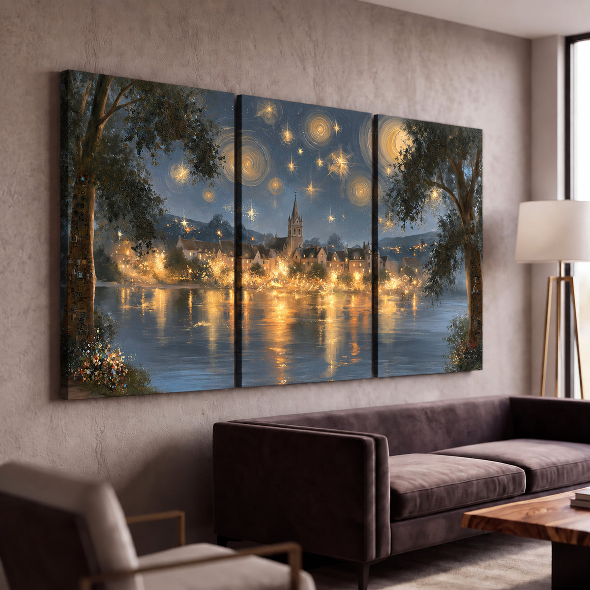 Starry night lake village painting 3 piece canvas wall art in a modern living room