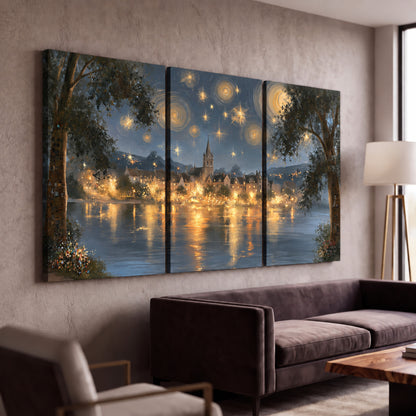 Starry night lake village painting 3 piece canvas wall art in a modern living room