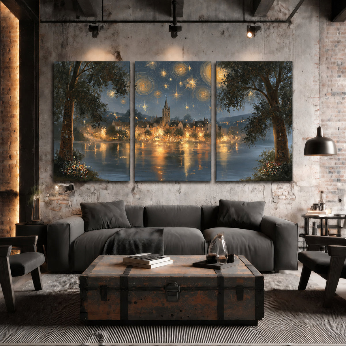 Starry night lake village painting 3 piece canvas wall art in an industrial loft