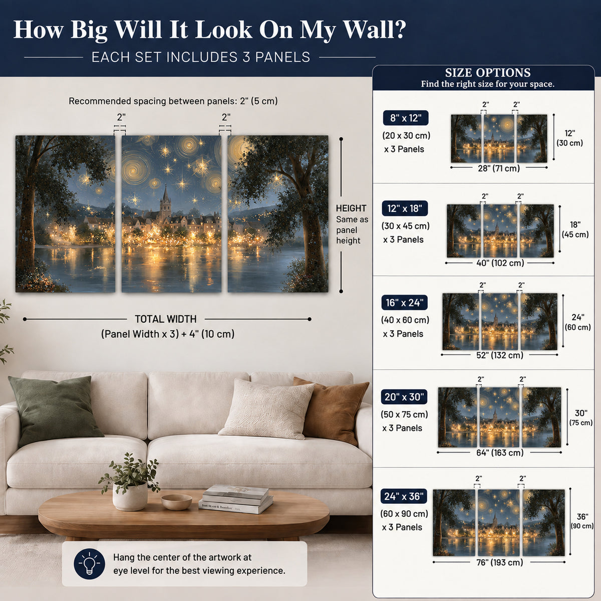 Starry night lake village painting 3 piece canvas wall art size guide above a sofa