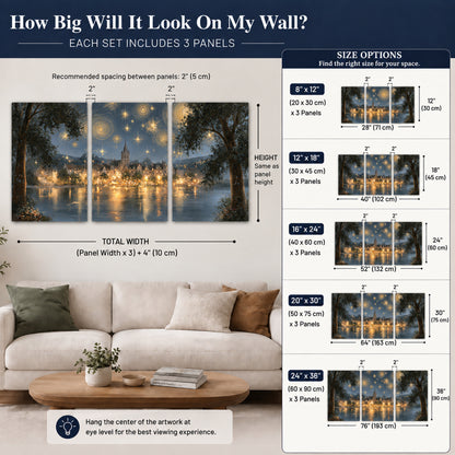Starry night lake village painting 3 piece canvas wall art size guide above a sofa