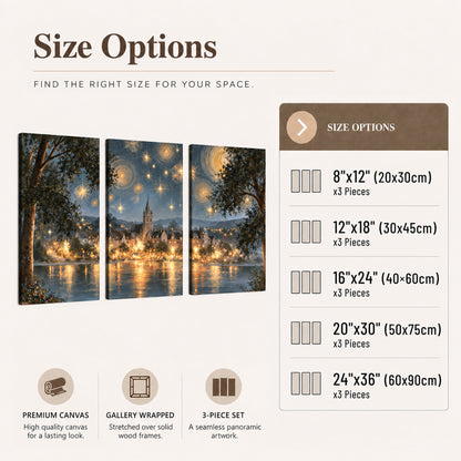 Starry night lake village painting 3 piece canvas wall art size options