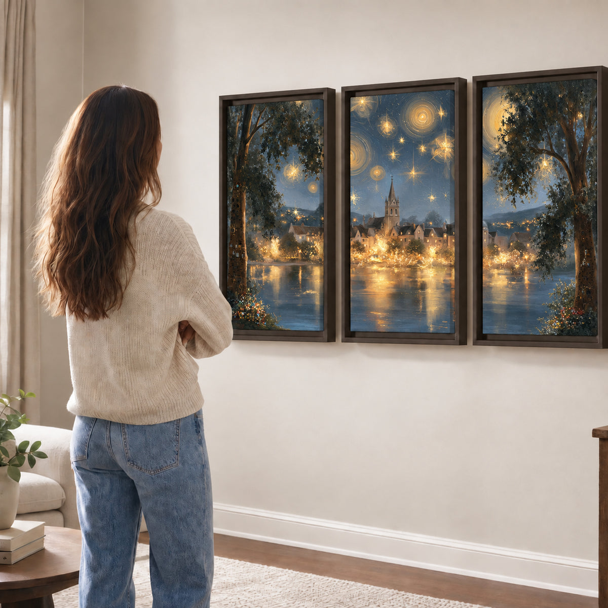 Starry night lake village painting 3 piece framed canvas in a living room