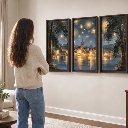 Starry night lake village painting 3 piece framed canvas in a living room