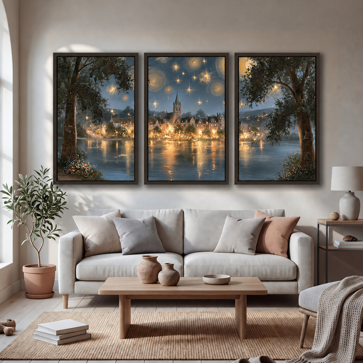 Starry night lake village painting 3 piece framed canvas in a bright living room