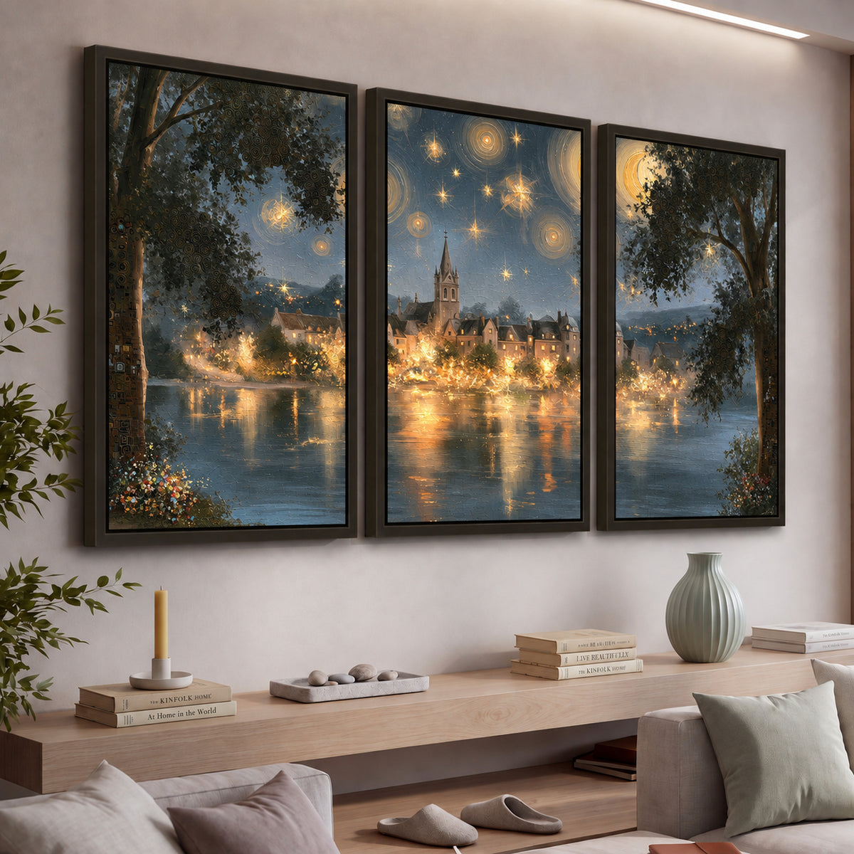 Starry night lake village painting 3 piece framed canvas in a living room above a console