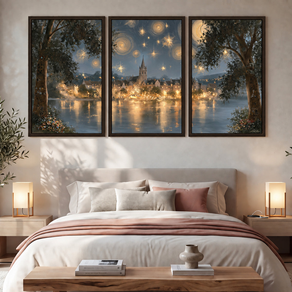 Starry night lake village painting 3 piece framed canvas in a bedroom above the bed