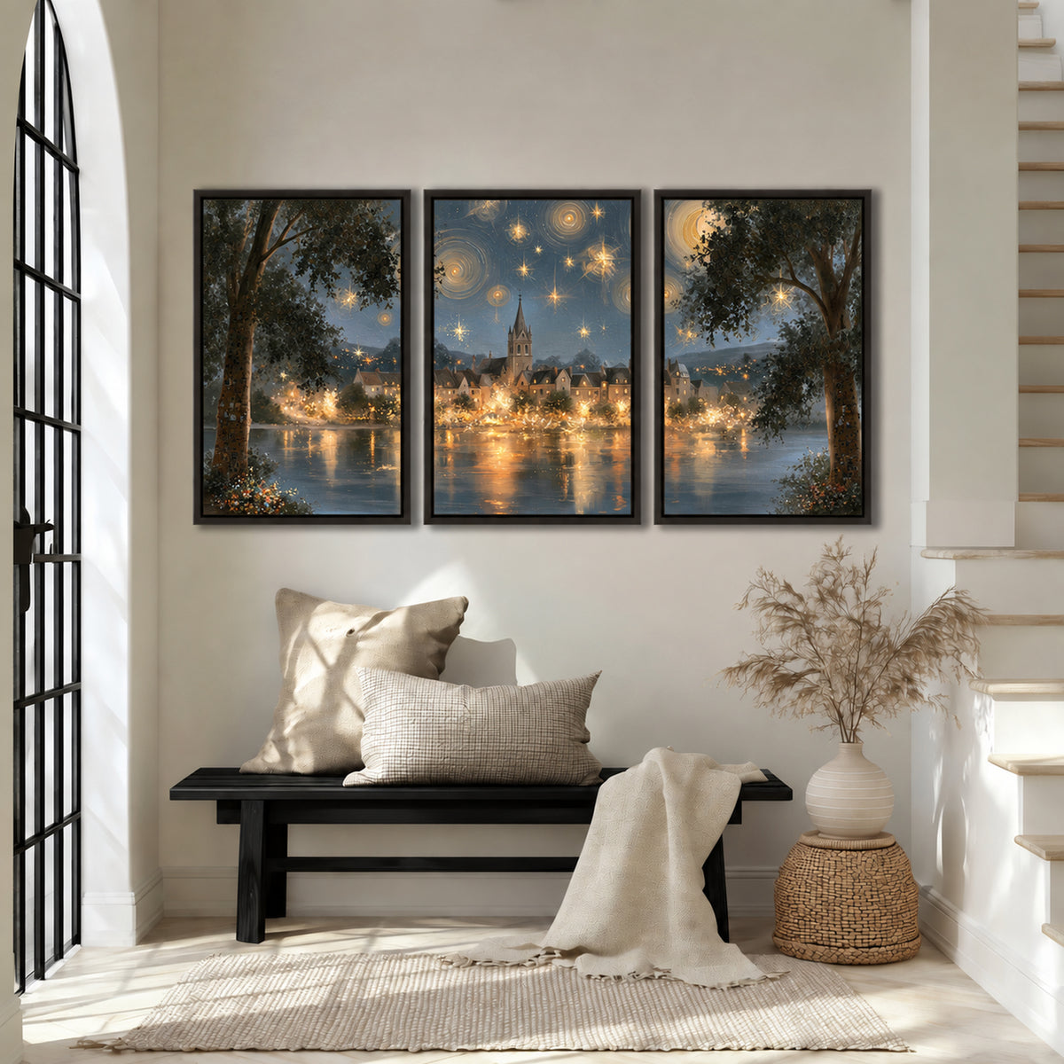 Starry night lake village painting 3 piece framed canvas in an entryway above a bench