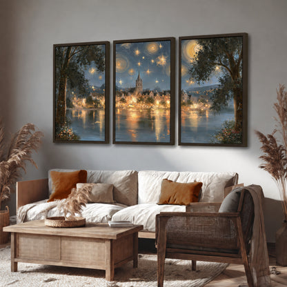 Starry night lake village painting 3 piece framed canvas in a rustic living room