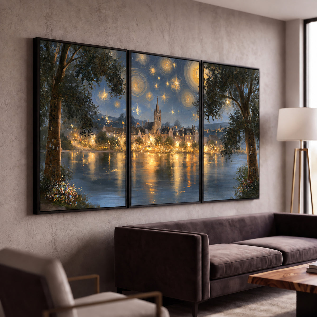 Starry night lake village painting 3 piece framed canvas in a modern living room